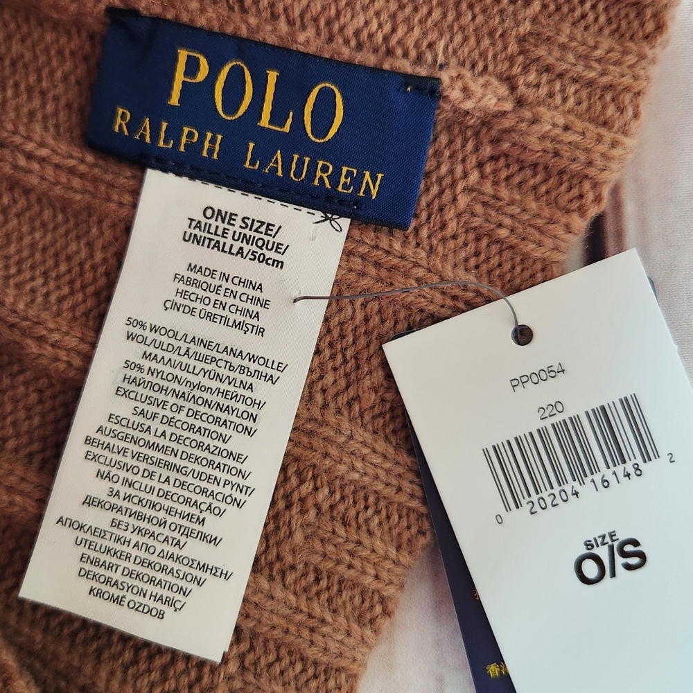 NWT Polo Ralph Lauren Beanie Wool Blend Rib Knit Cuff Pony Logo Tan Unisex - Picture 4 of 5